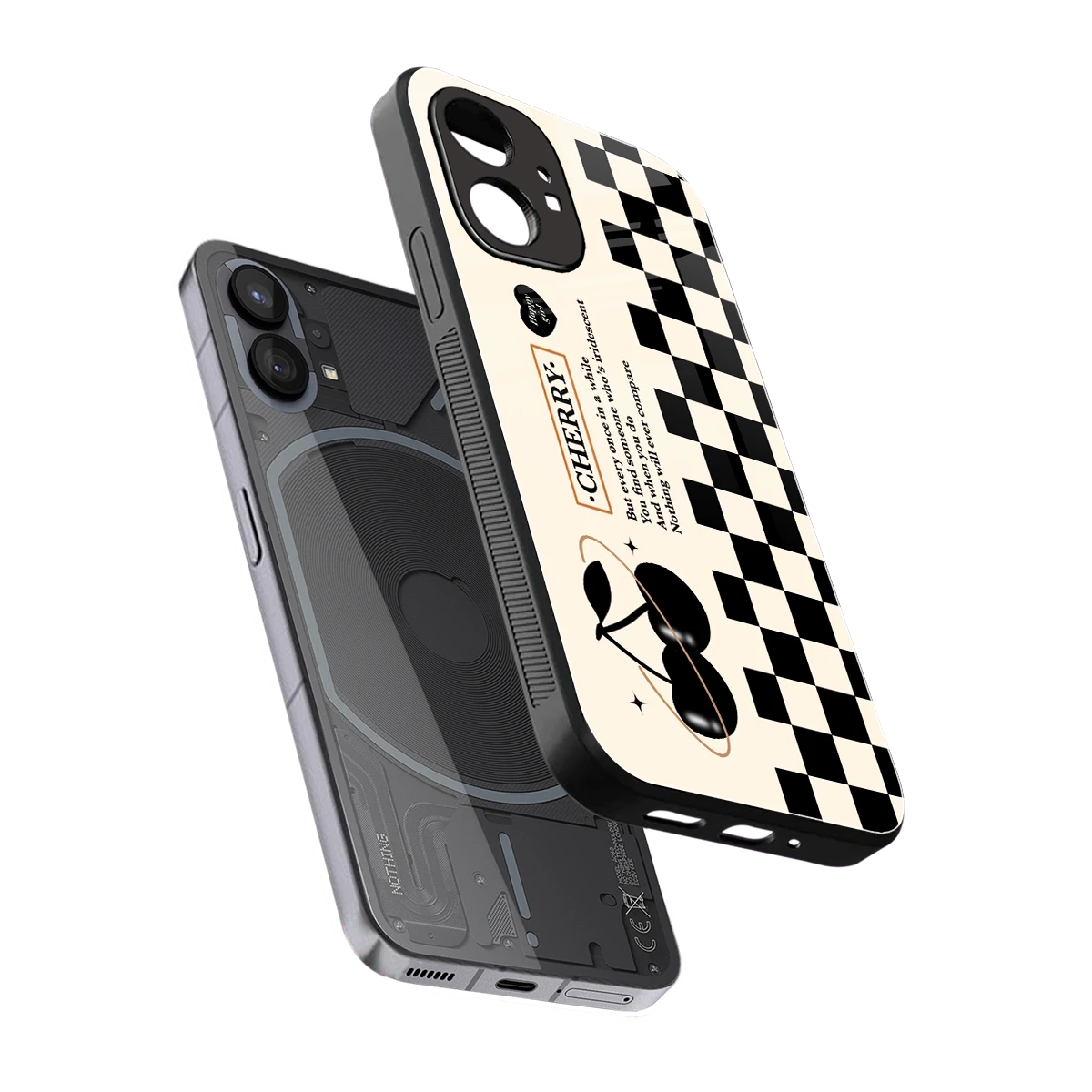 Cherry Checkered sleek nothing phone 1 cover with tempered glass back and TPU edges
