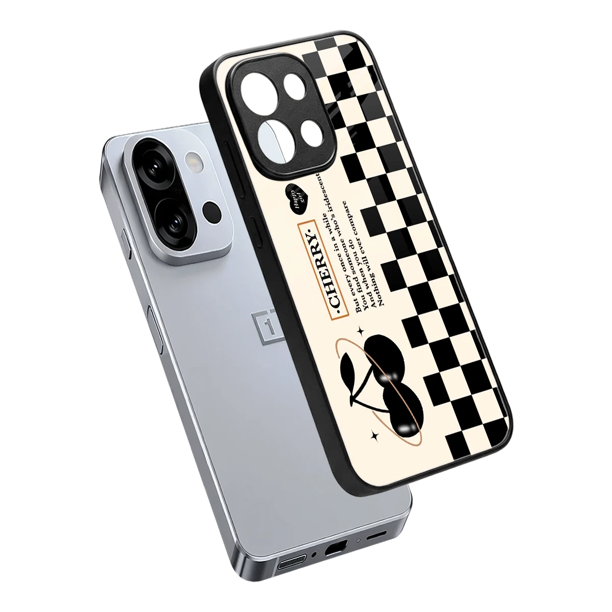 Cherry Checkered sleek oneplus 13s cover with tempered glass back and TPU edges