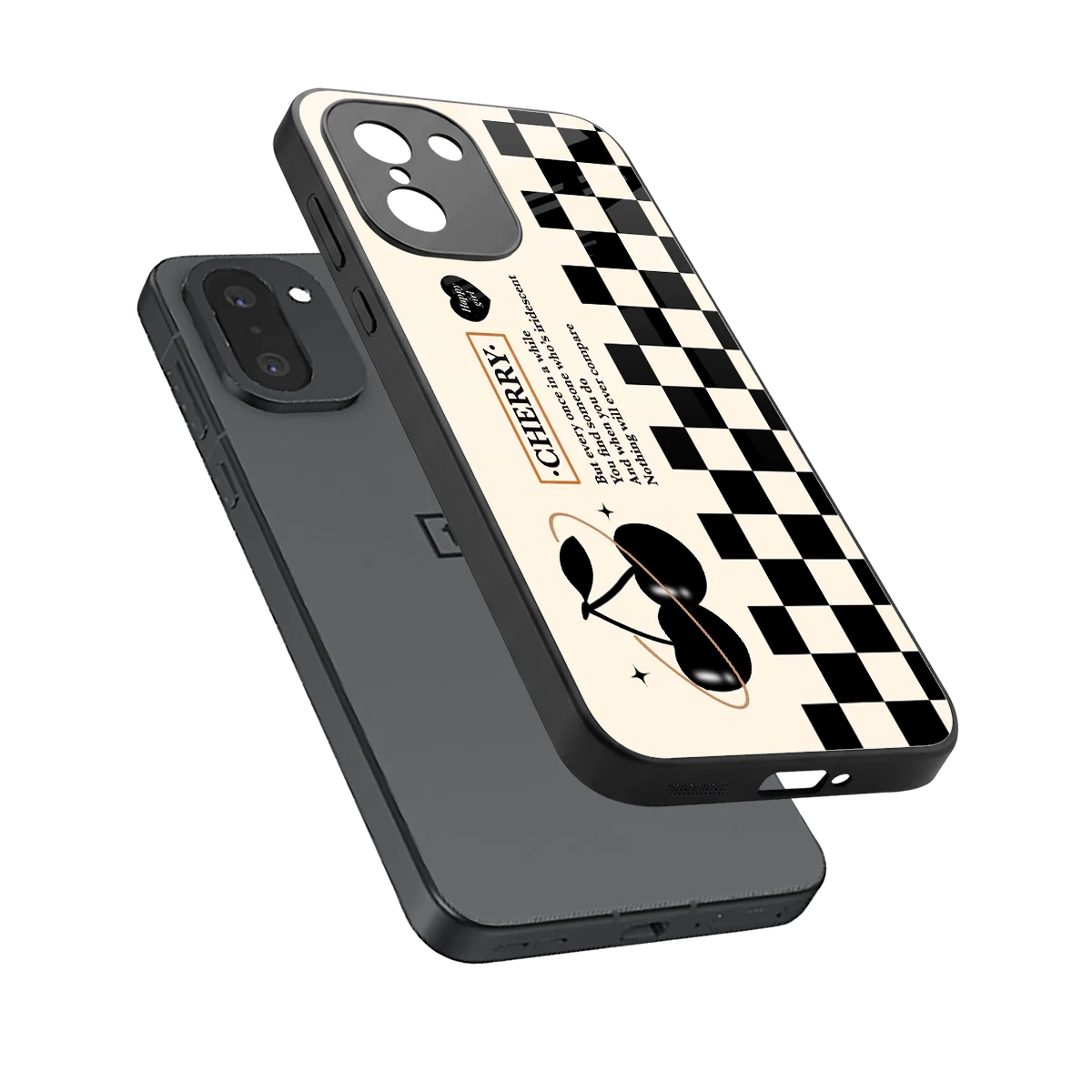 Cherry Checkered sleek oneplus 15r cover with tempered glass back and TPU edges