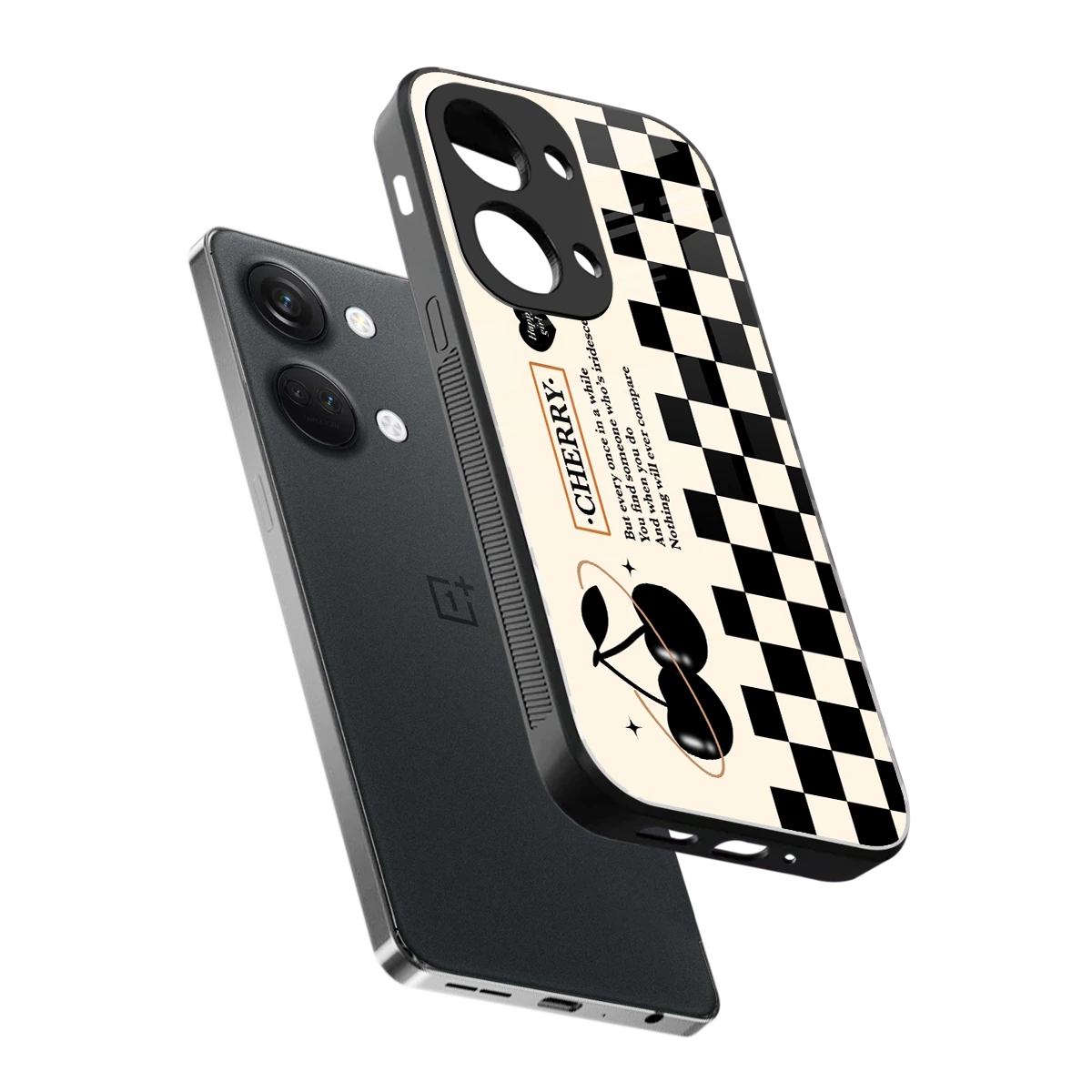 Cherry Checkered sleek oneplus nord 3 cover with tempered glass back and TPU edges