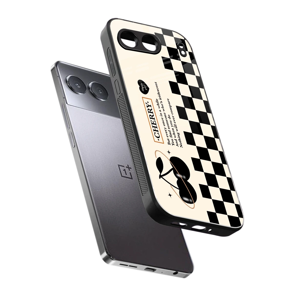 Cherry Checkered sleek oneplus nord 4 cover with tempered glass back and TPU edges