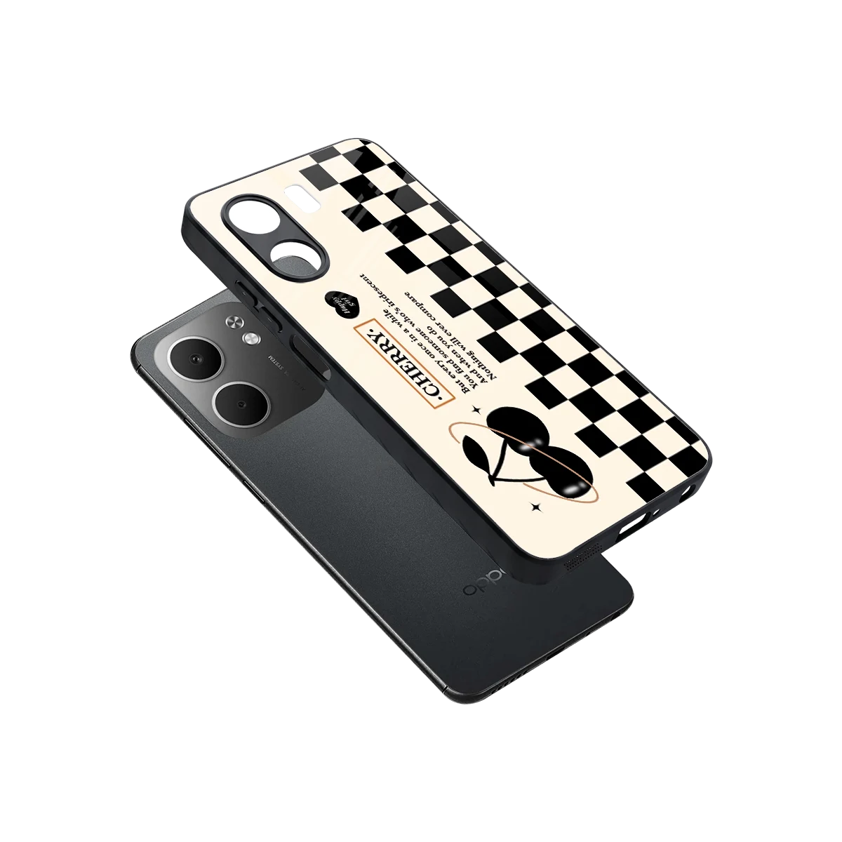 Cherry Checkered sleek oppo a5x 5g cover with tempered glass back and TPU edges