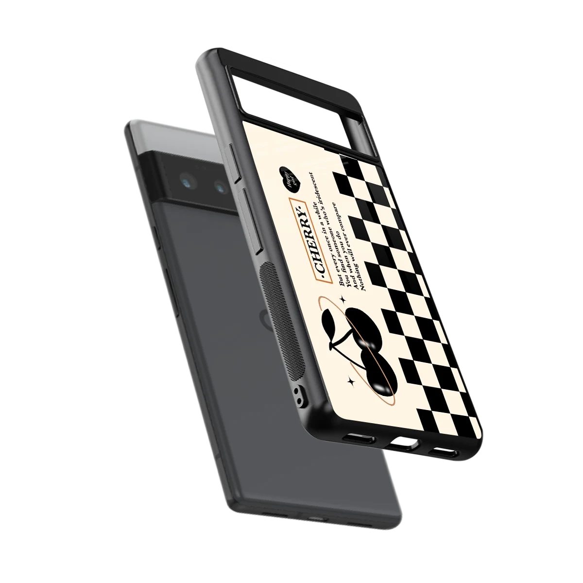 Cherry Checkered sleek google pixel 6 pro cover with tempered glass back and TPU edges