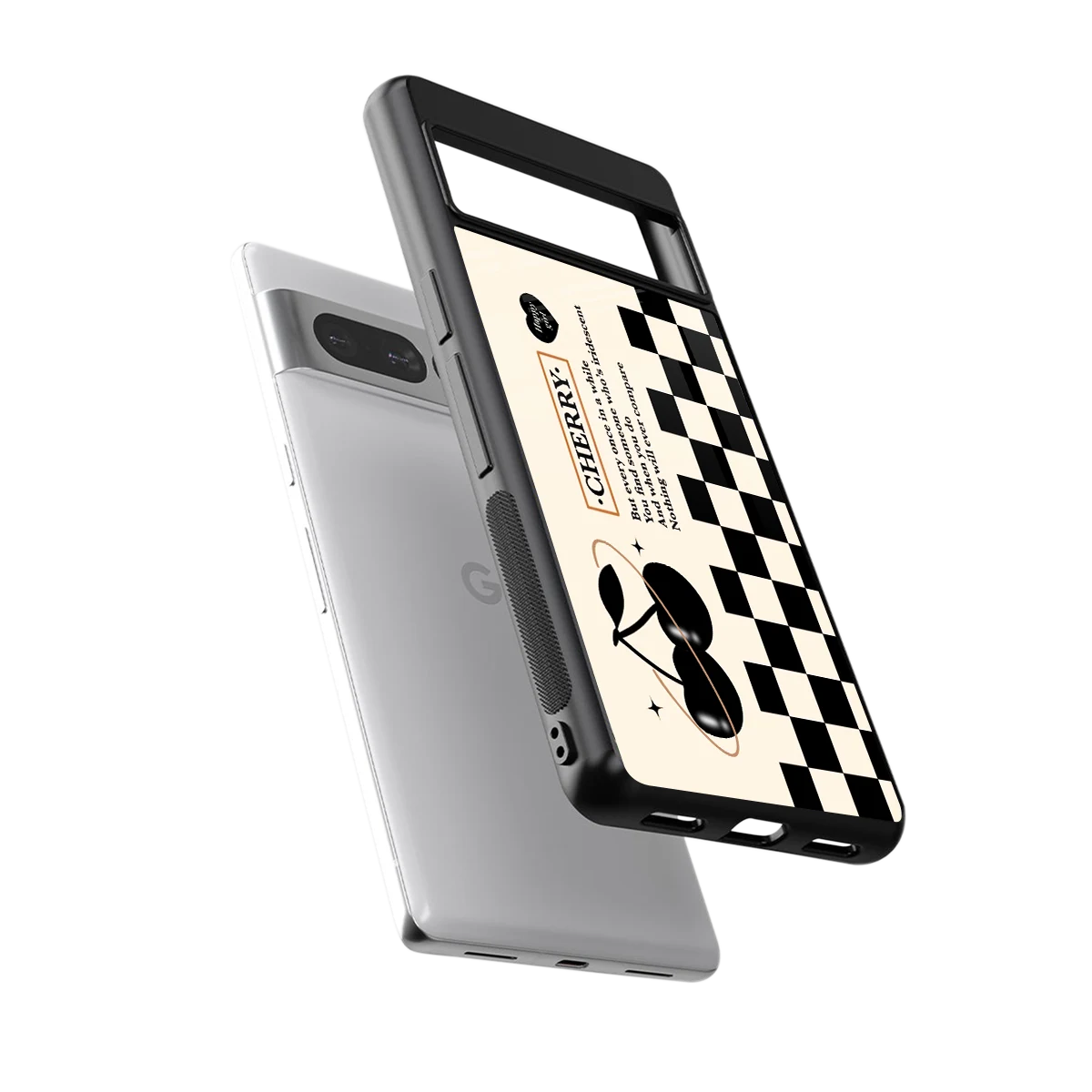 Cherry Checkered sleek google pixel 7 pro cover with tempered glass back and TPU edges