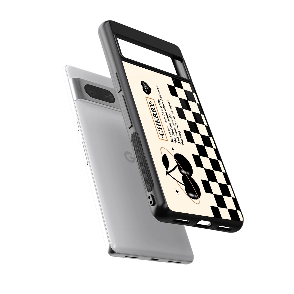 Cherry Checkered sleek google pixel 7 cover with tempered glass back and TPU edges