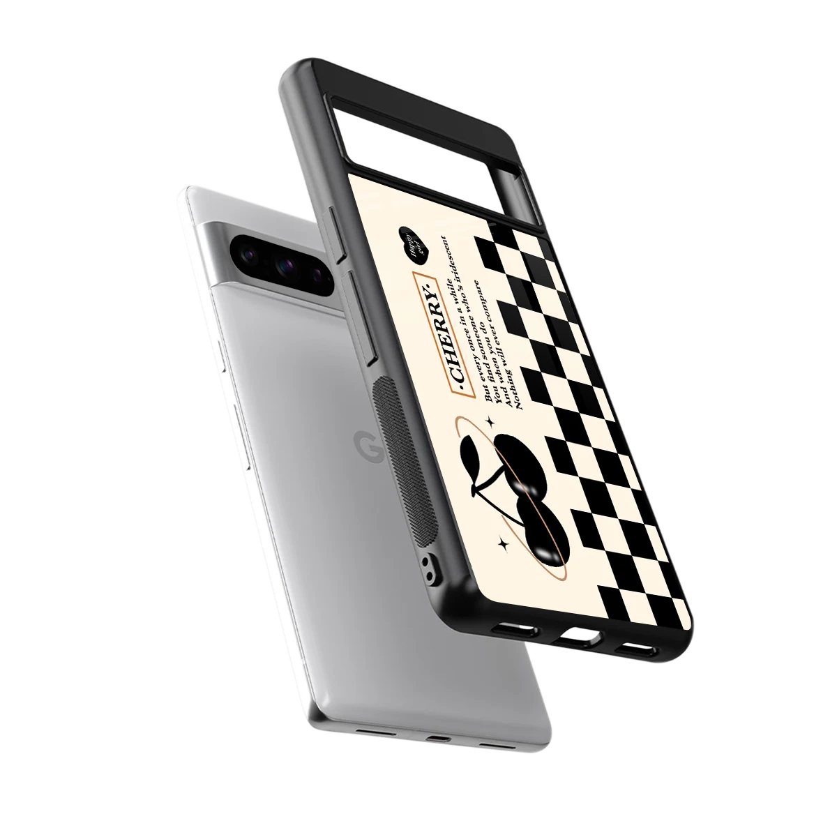 Cherry Checkered sleek google pixel 8 pro cover with tempered glass back and TPU edges