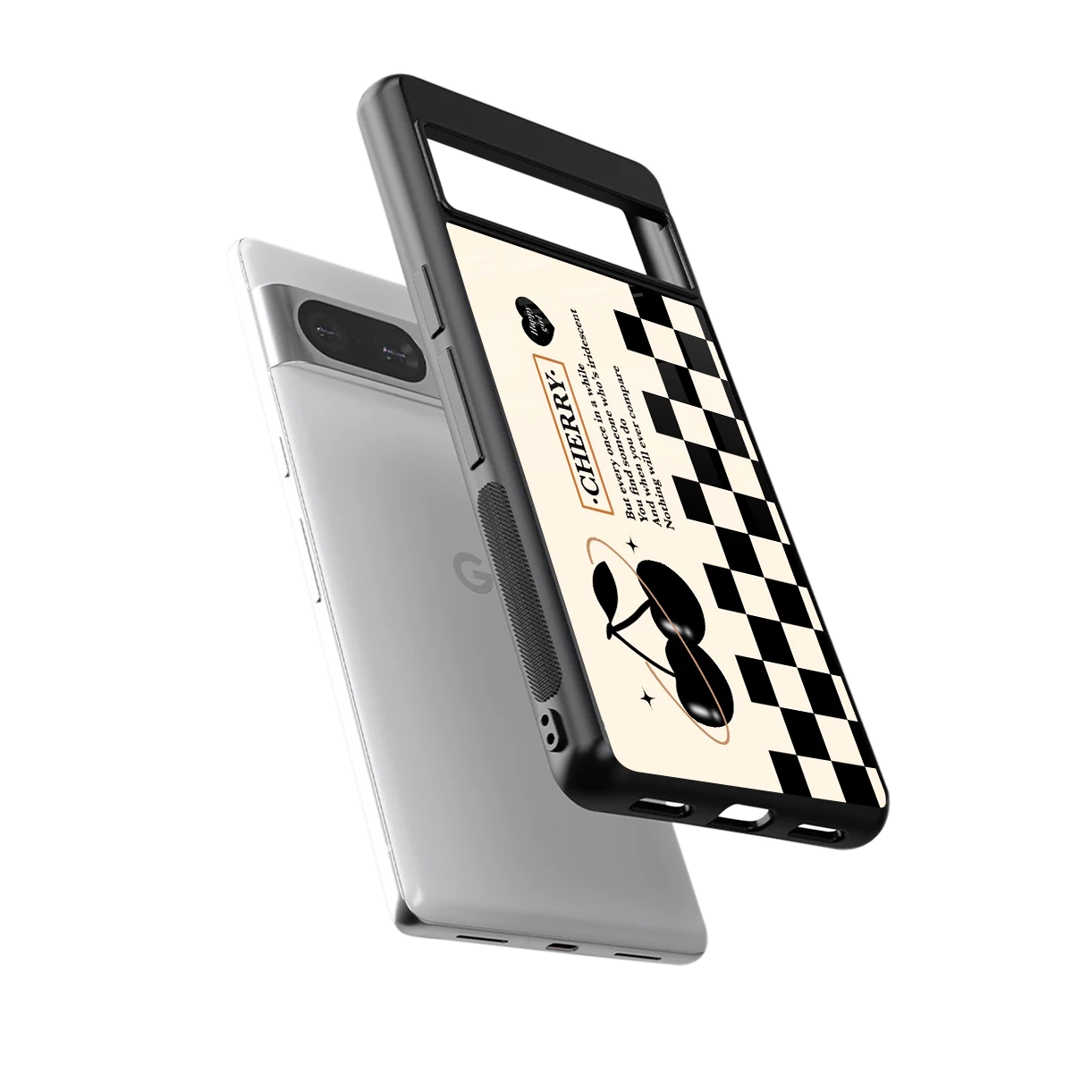 Cherry Checkered sleek google pixel 8 cover with tempered glass back and TPU edges