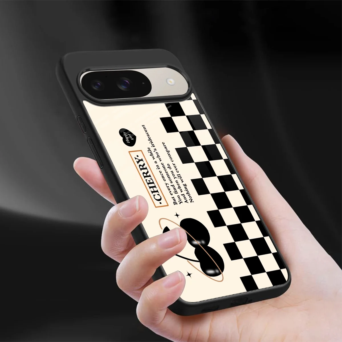 Cherry Checkered sleek google pixel 9 cover with tempered glass back and TPU edges