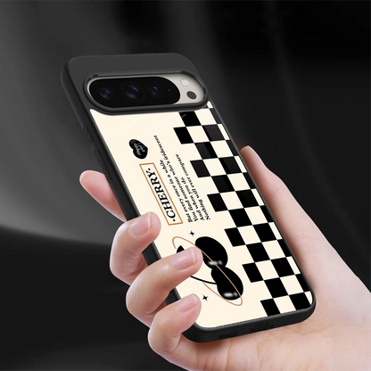 Cherry Checkered sleek google pixel 9 pro cover with tempered glass back and TPU edges