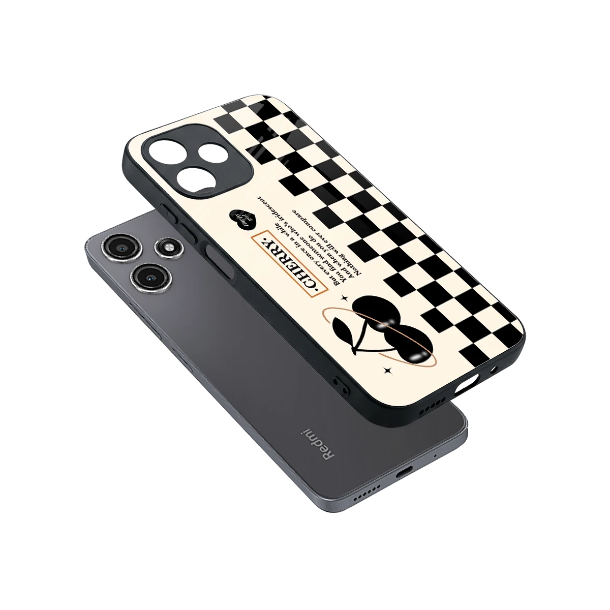 Cherry Checkered sleek redmi 12 5g cover with tempered glass back and TPU edges