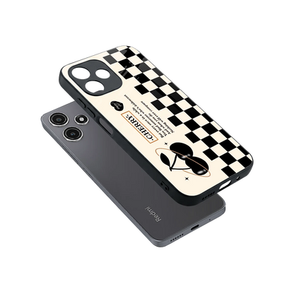 Cherry Checkered sleek redmi 12 5g cover with tempered glass back and TPU edges