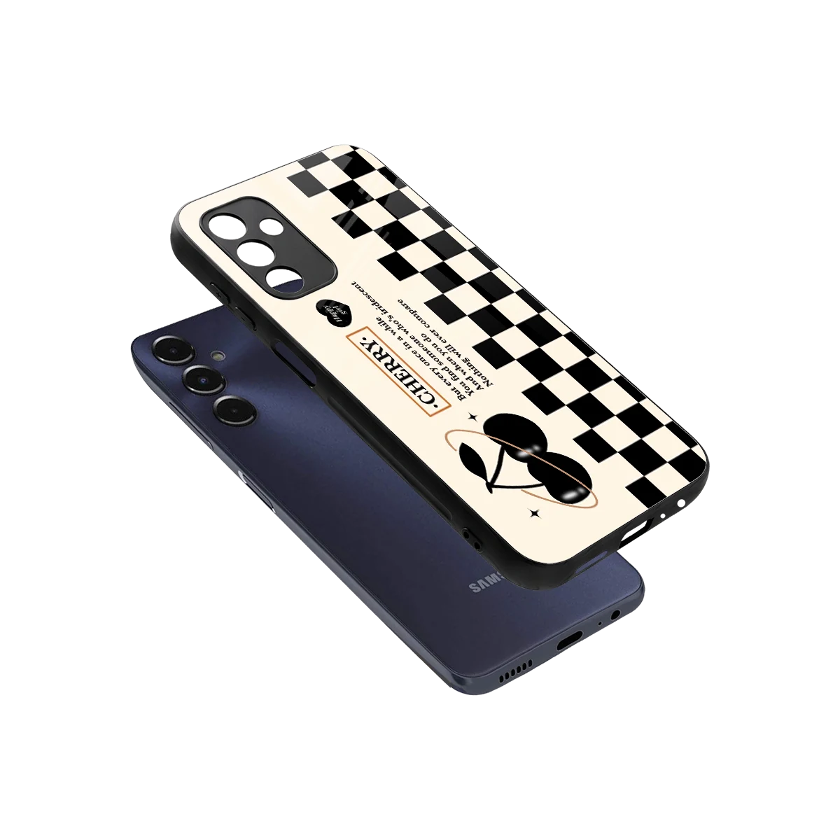 Cherry Checkered sleek samsung galaxy m14 5g cover with tempered glass back and TPU edges