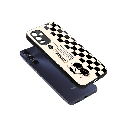 Cherry Checkered sleek samsung galaxy m14 5g cover with tempered glass back and TPU edges