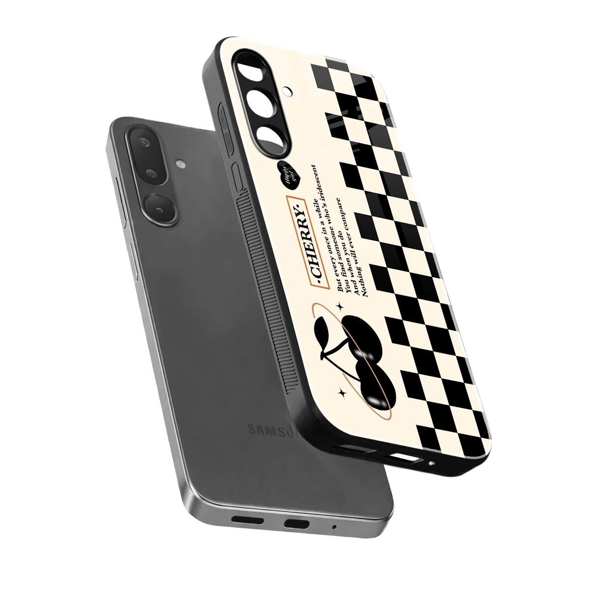 Cherry Checkered sleek samsung galaxy m56 5g cover with tempered glass back and TPU edges