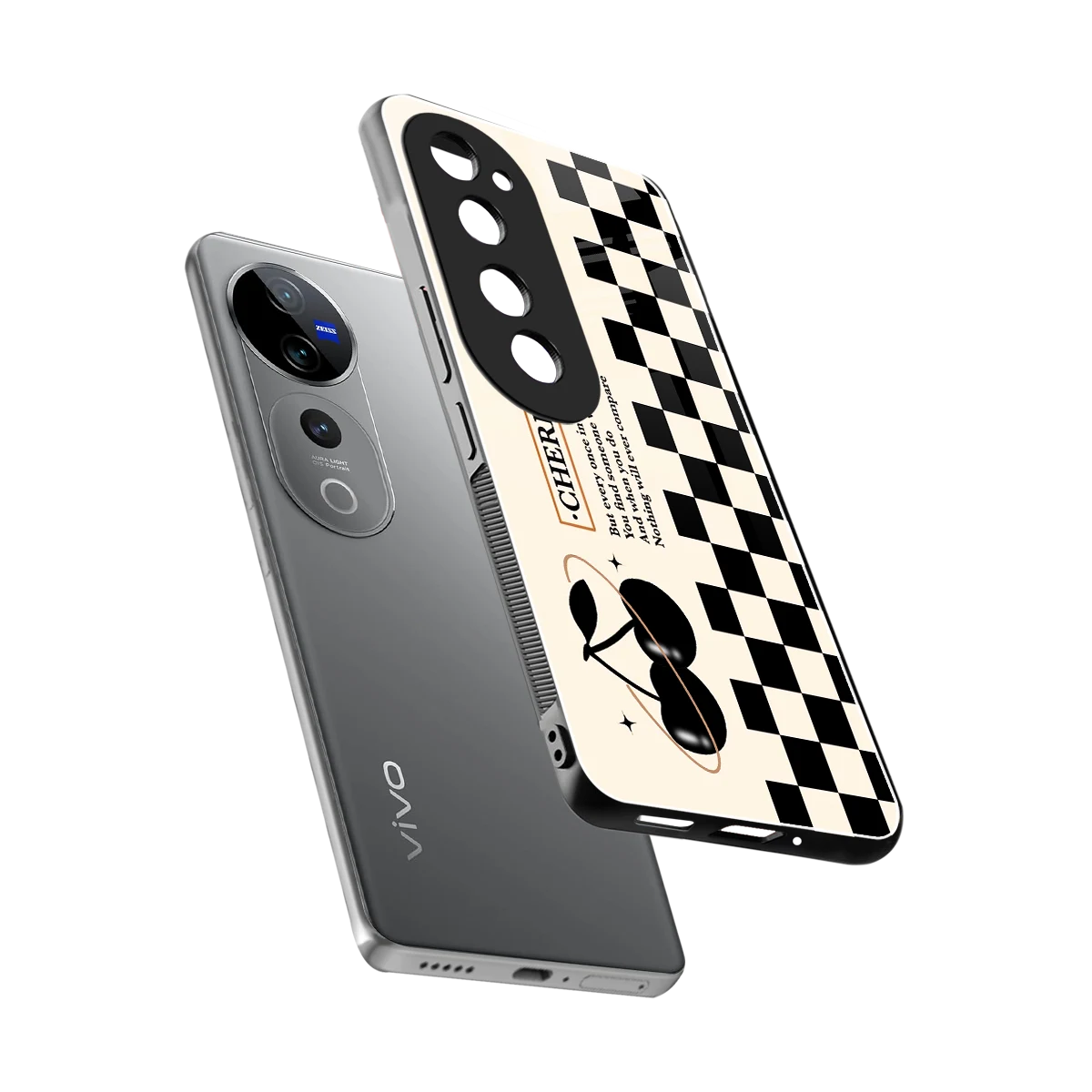 Cherry Checkered sleek vivo v40 pro cover with tempered glass back and TPU edges