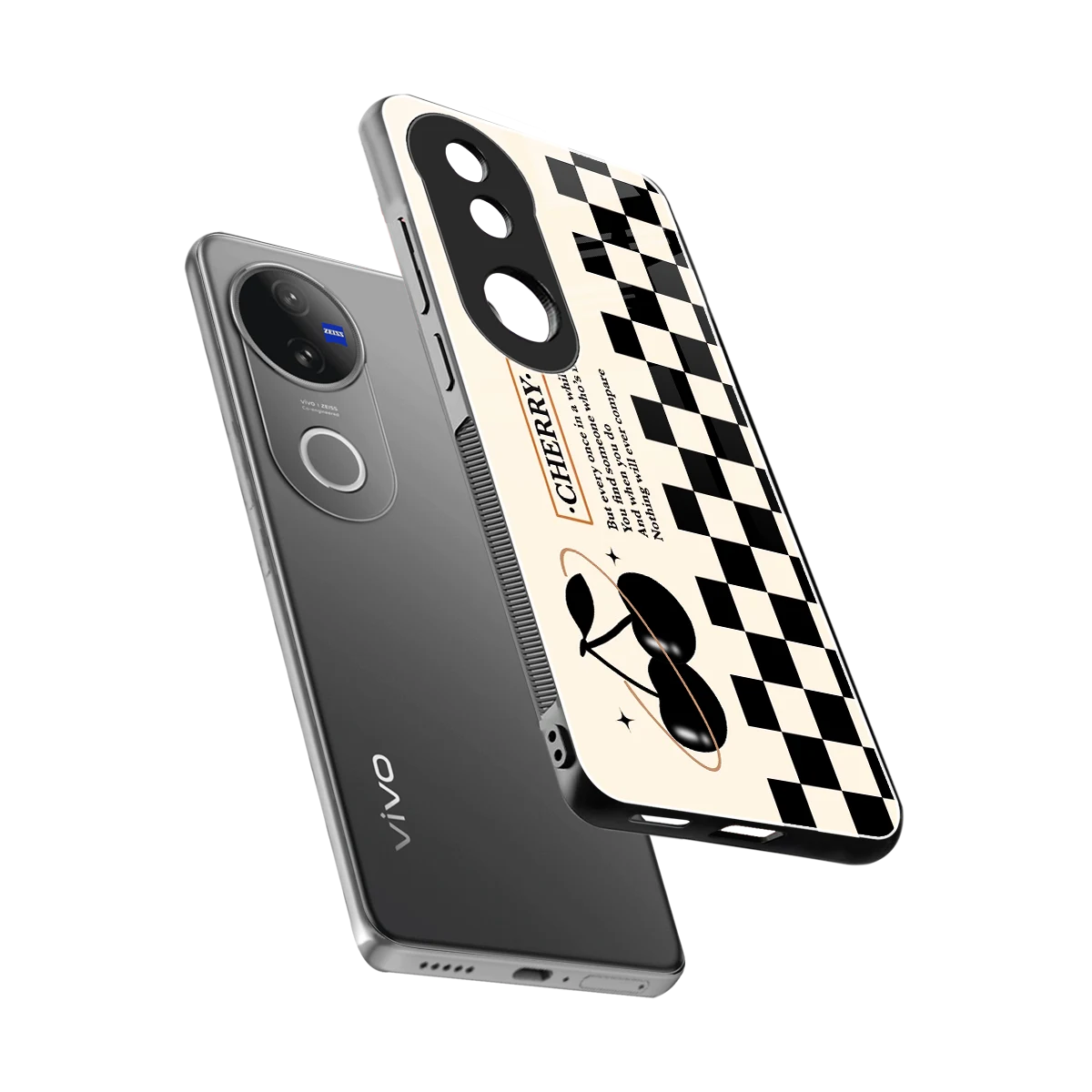 Cherry Checkered sleek vivo v50 cover with tempered glass back and TPU edges