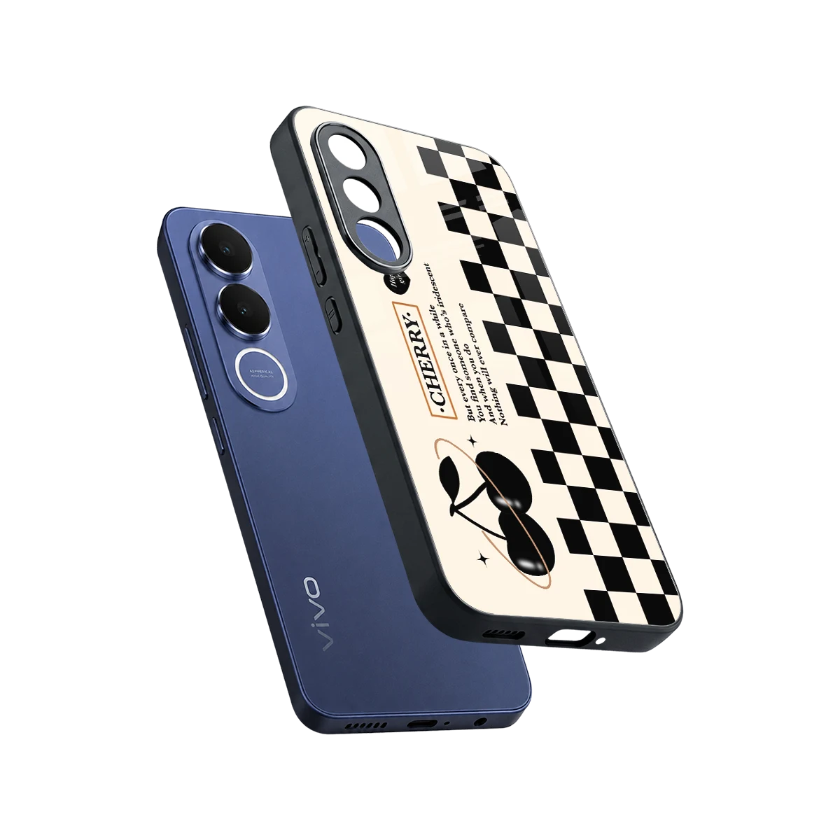 Cherry Checkered sleek vivo v70 fe cover with tempered glass back and TPU edges