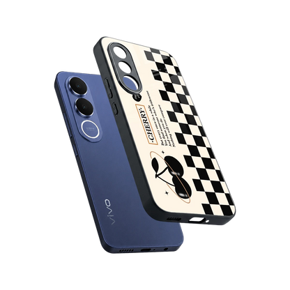 Cherry Checkered sleek vivo v70 fe cover with tempered glass back and TPU edges
