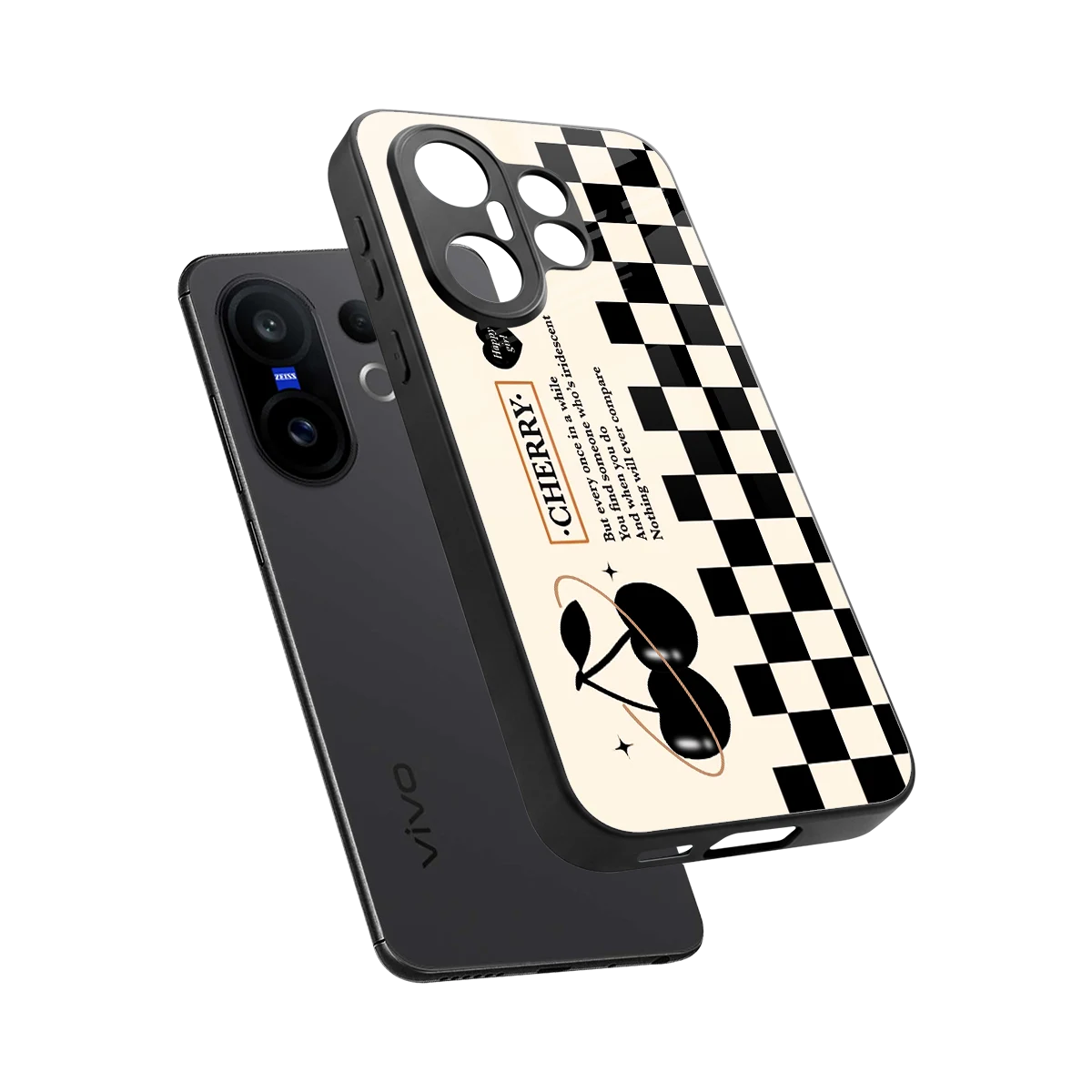 Cherry Checkered sleek vivo x200 fe cover with tempered glass back and TPU edges
