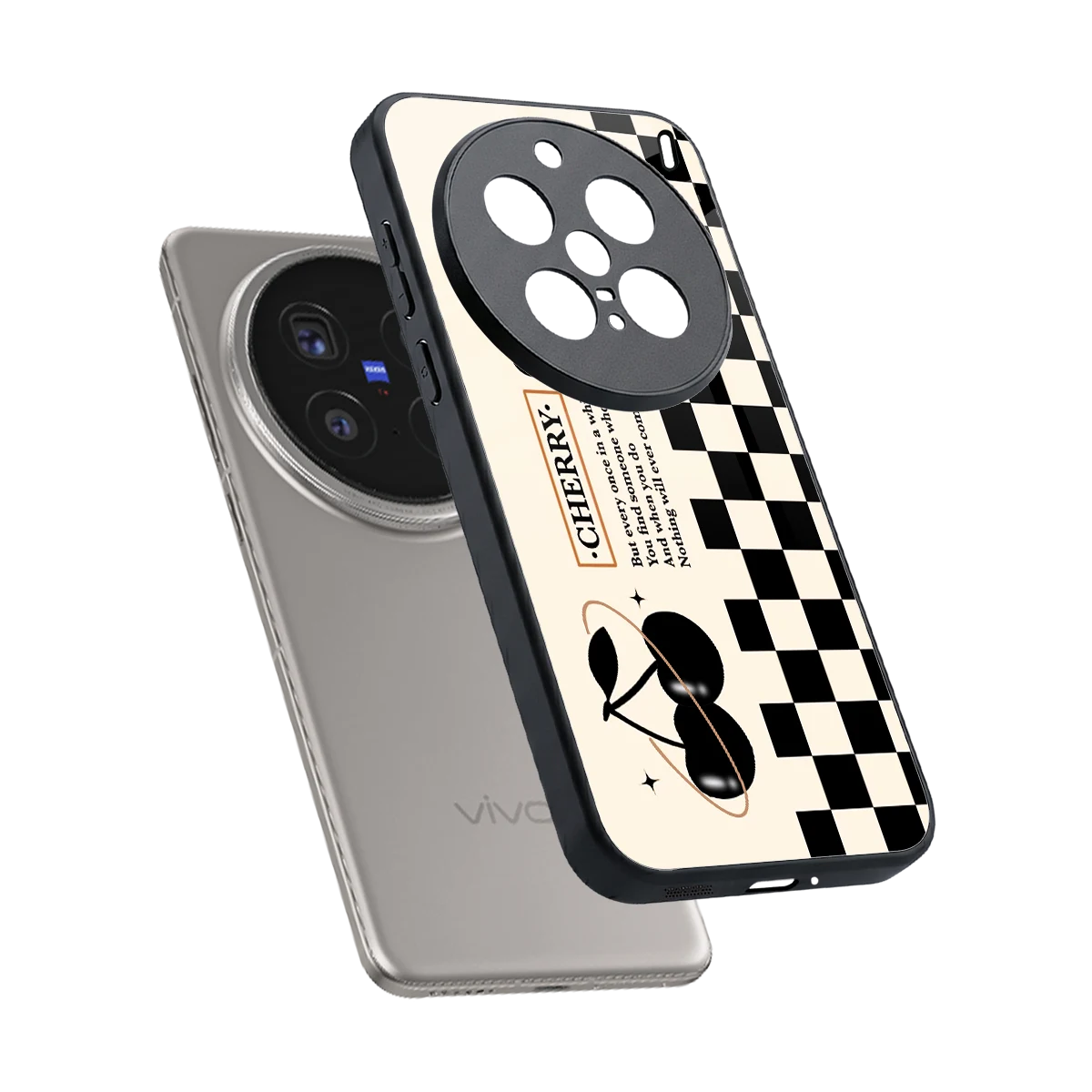 Cherry Checkered sleek vivo x200 pro cover with tempered glass back and TPU edges