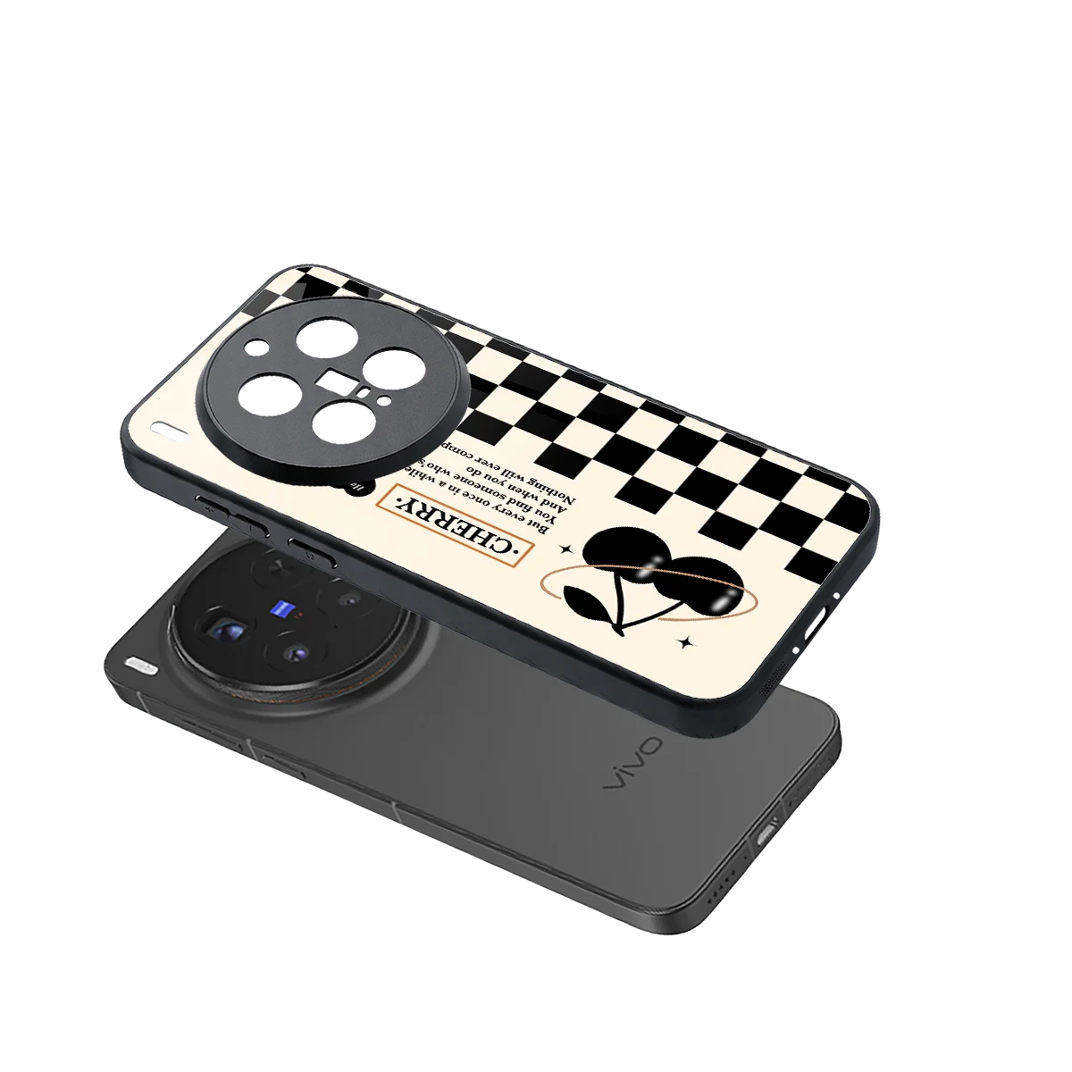 Cherry Checkered sleek vivo x300 pro cover with tempered glass back and TPU edges
