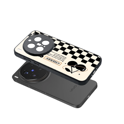 Cherry Checkered sleek vivo x300 pro cover with tempered glass back and TPU edges