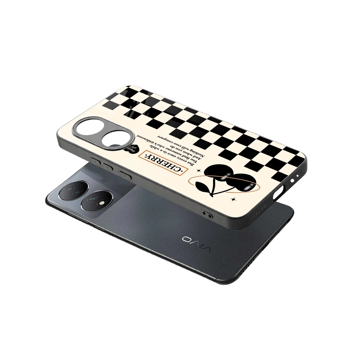 Cherry Checkered sleek Vivo-y100 cover with tempered glass back and TPU edges