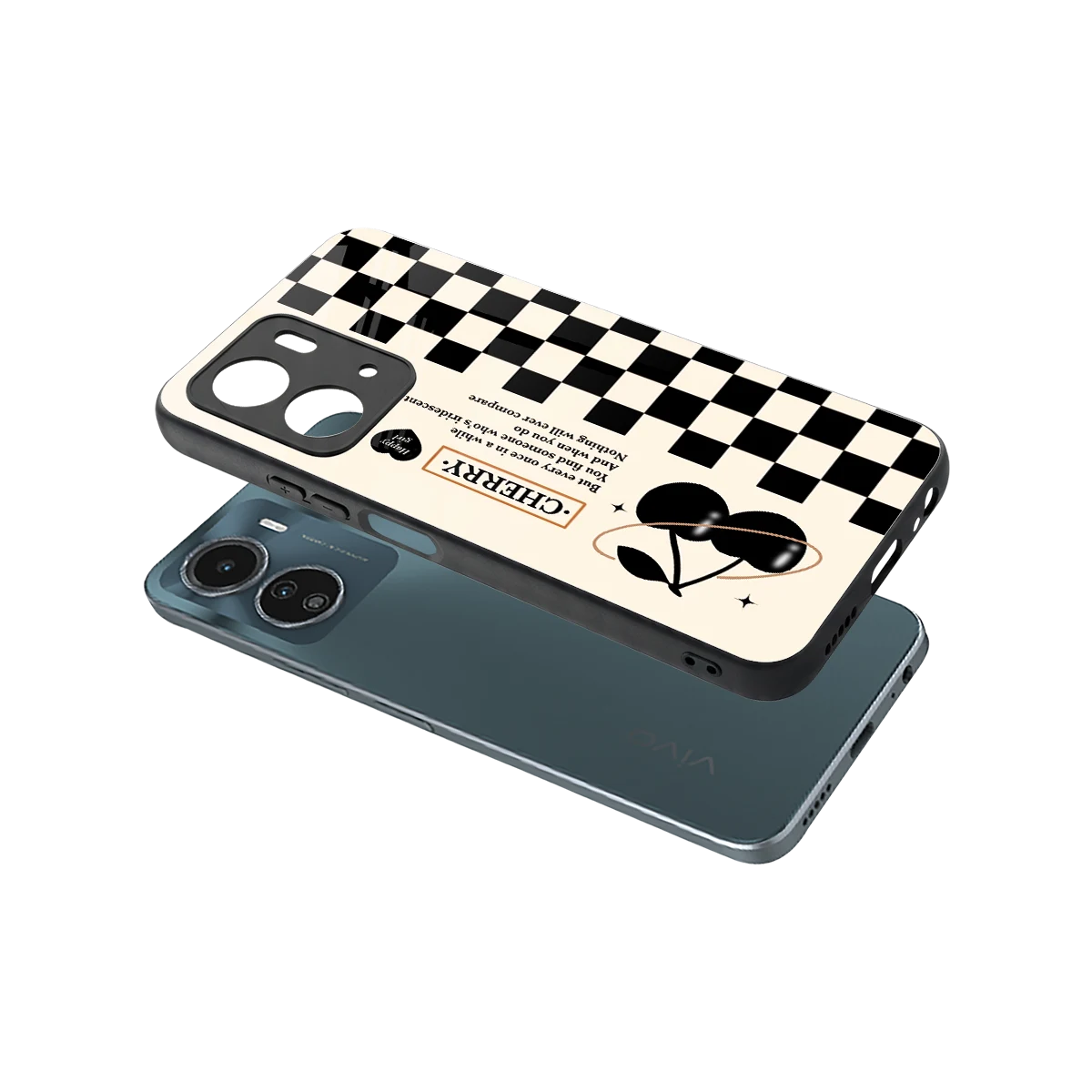 Cherry Checkered sleek vivo y16 cover with tempered glass back and TPU edges