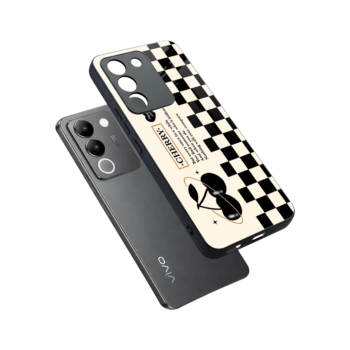 Cherry Checkered sleek vivo y200 5g cover with tempered glass back and TPU edges