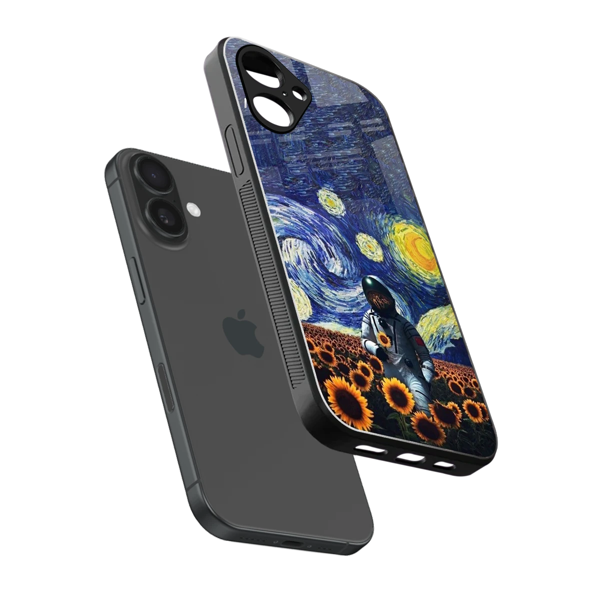 Cosmic Night sleek iPhone 16 cover with tempered glass back and TPU edges