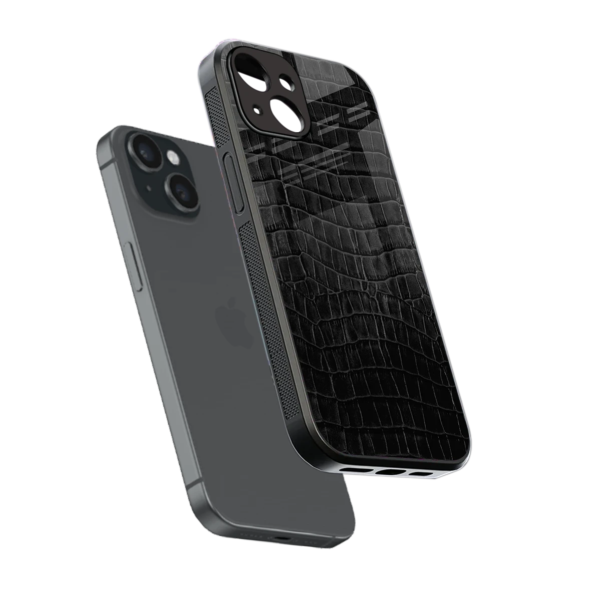 Croco Black sleek iphone 13 cover with tempered glass back and TPU edges