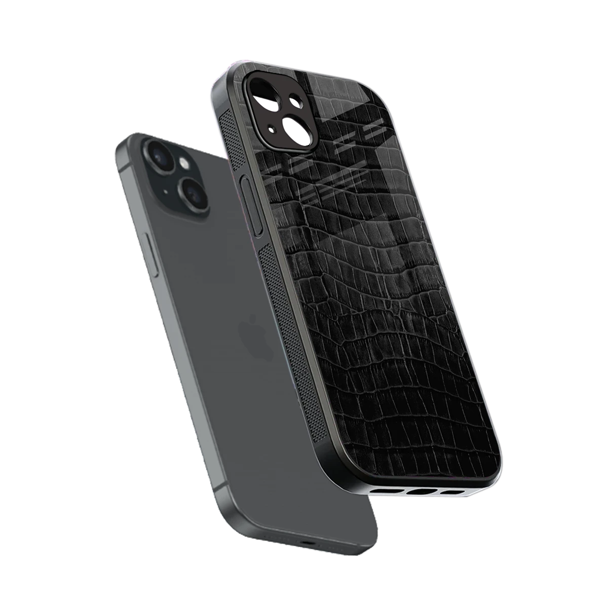 Croco Black sleek iphone 14 plus cover with tempered glass back and TPU edges