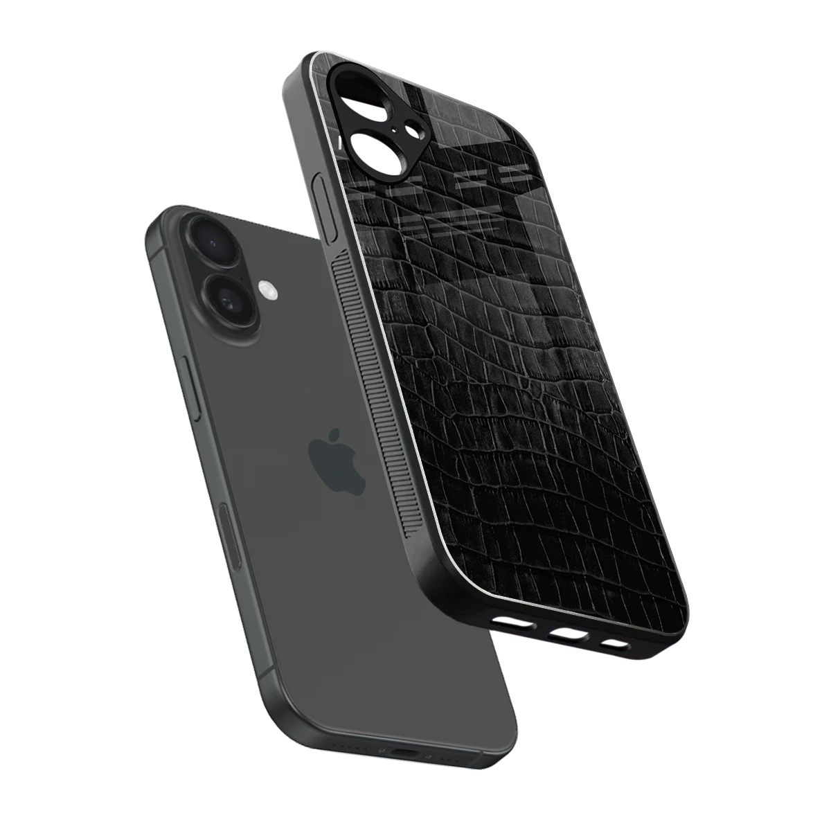 Croco Black sleek iPhone 16 cover with tempered glass back and TPU edges
