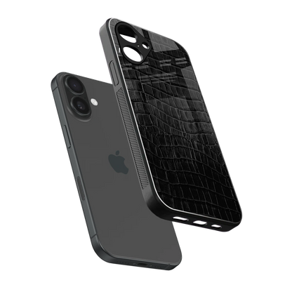 Croco Black sleek iPhone 16 cover with tempered glass back and TPU edges