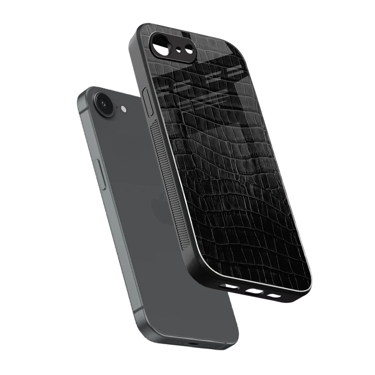 Croco Black sleek iphone 16e cover with tempered glass back and TPU edges