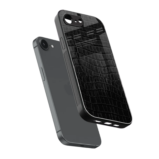 Croco Black sleek iphone 16e cover with tempered glass back and TPU edges