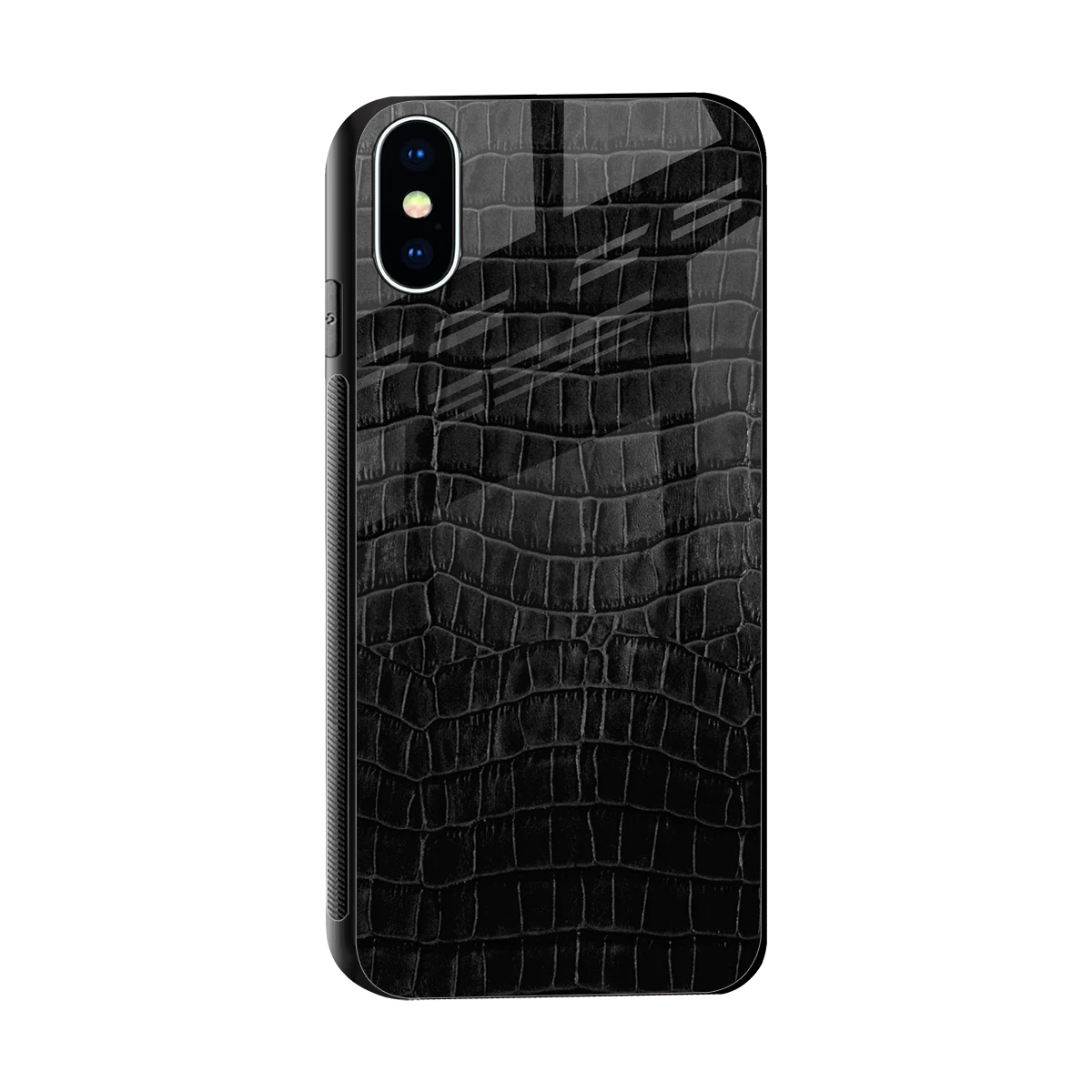 Croco Black sleek iphone xs cover with tempered glass back and TPU edges