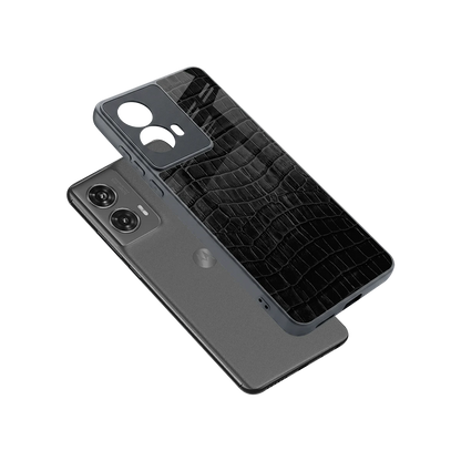 Croco Black sleek motorola edge 50 fusion cover with tempered glass back and TPU edges