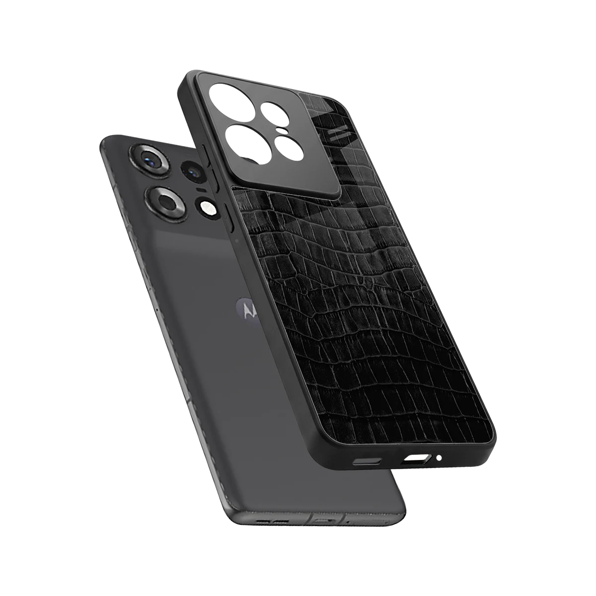Croco Black sleek motorola edge 50 pro cover with tempered glass back and TPU edges