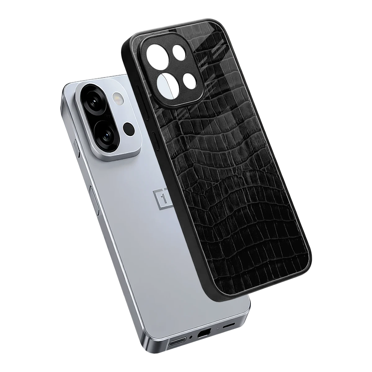 Croco Black sleek oneplus 13s cover with tempered glass back and TPU edges