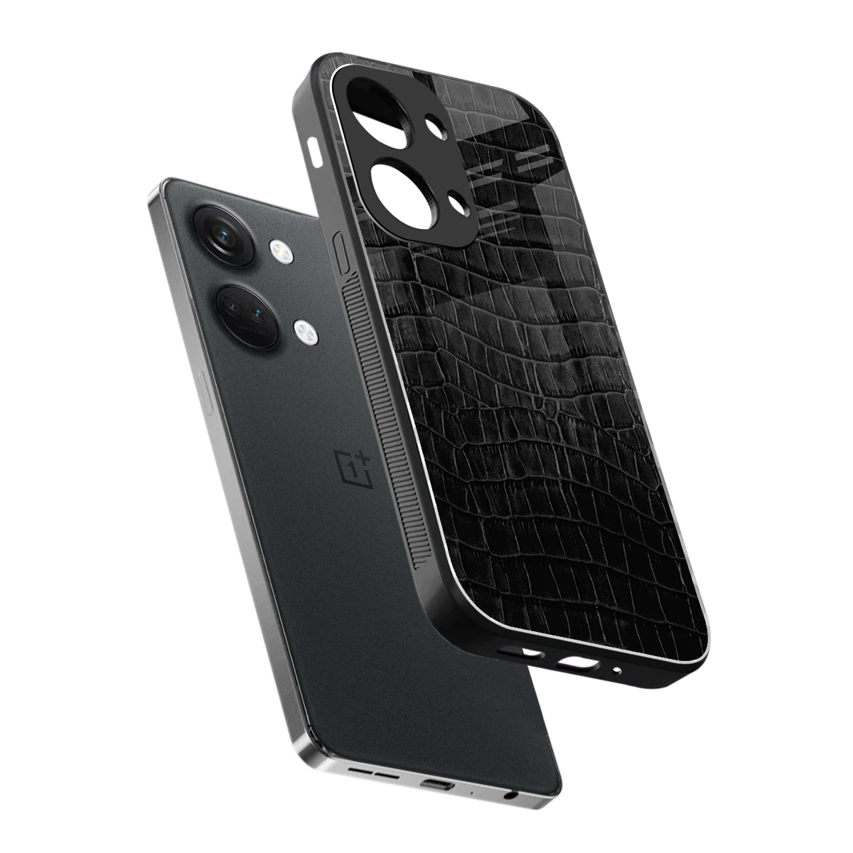 Croco Black sleek oneplus nord 3 cover with tempered glass back and TPU edges