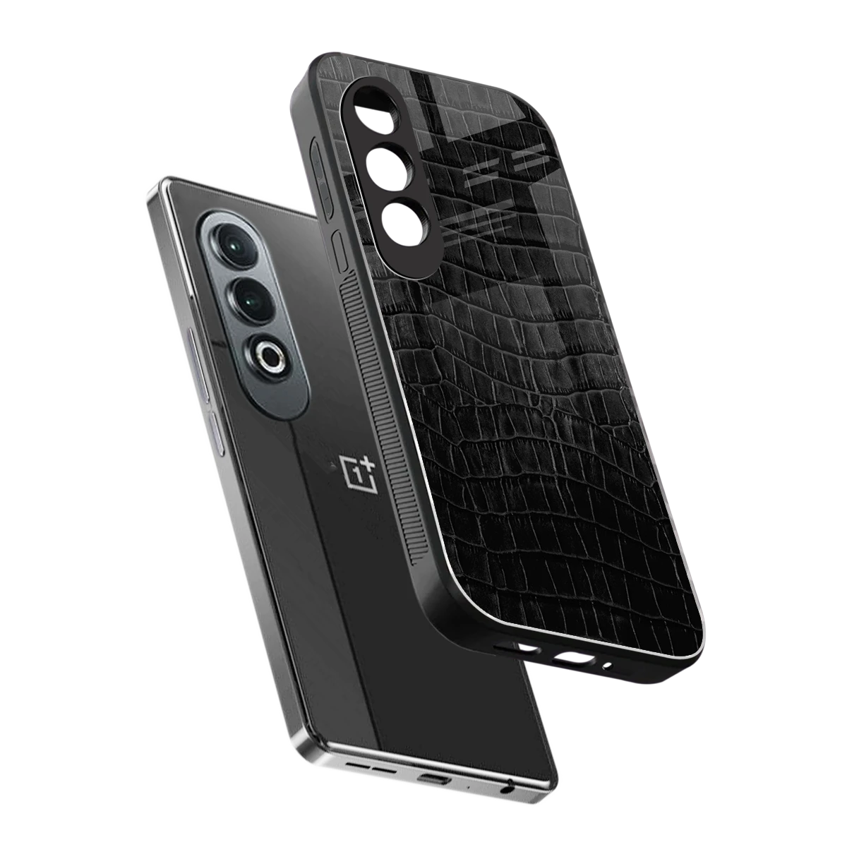 Croco Black sleek oneplus nord ce 4 cover with tempered glass back and TPU edges