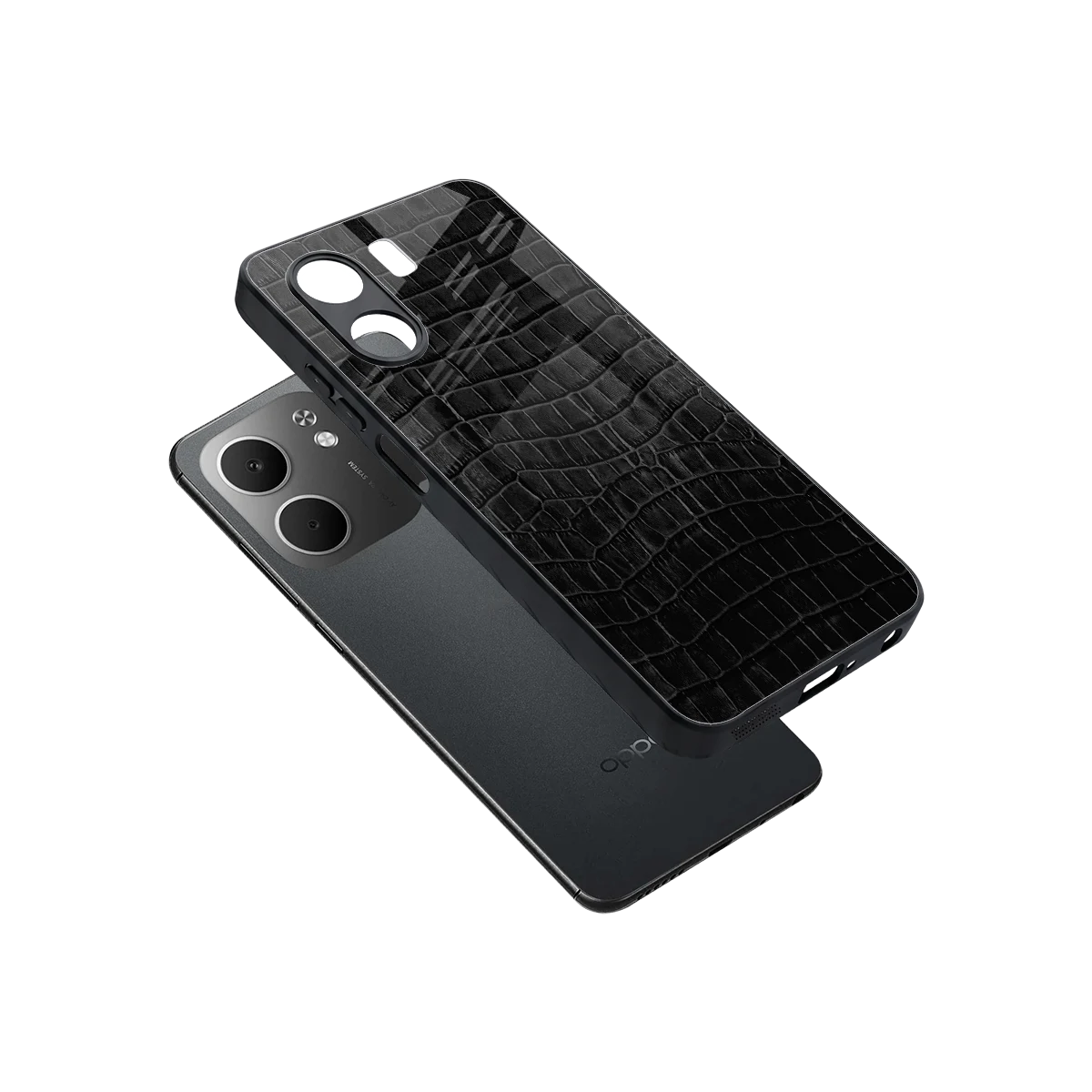 Croco Black sleek oppo a5x 5g cover with tempered glass back and TPU edges