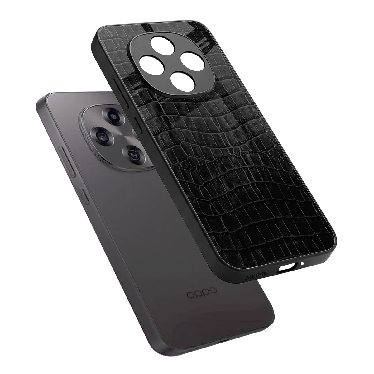 Croco Black sleek oppo f31 pro 5g cover with tempered glass back and TPU edges