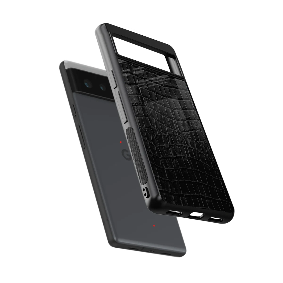 Croco Black sleek google pixel 6a cover with tempered glass back and TPU edges