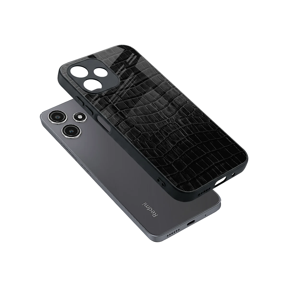 Croco Black sleek redmi 12 5g cover with tempered glass back and TPU edges