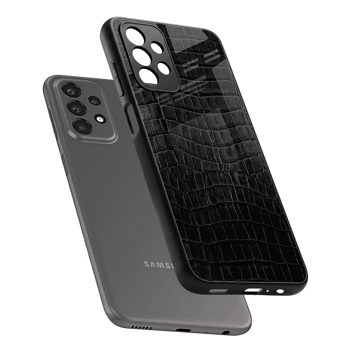Croco Black sleek samsung galaxy a23 cover with tempered glass back and TPU edges