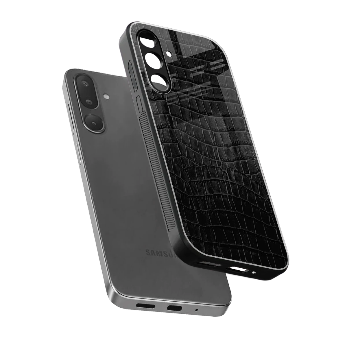 Croco Black sleek samsung galaxy m56 5g cover with tempered glass back and TPU edges