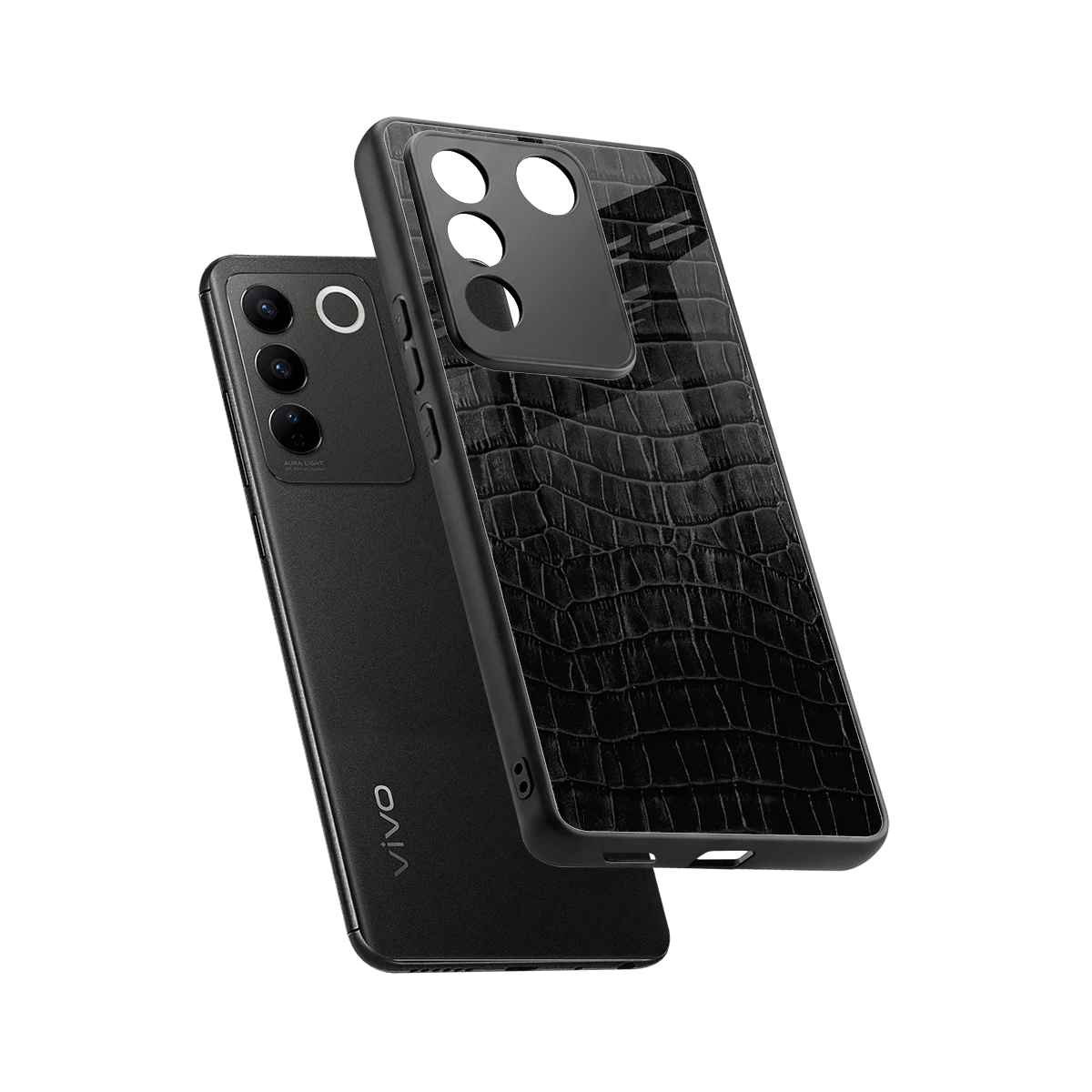 Croco Black sleek vivo v27 5g cover with tempered glass back and TPU edges