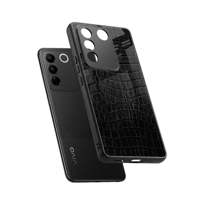 Croco Black sleek vivo v27 5g cover with tempered glass back and TPU edges